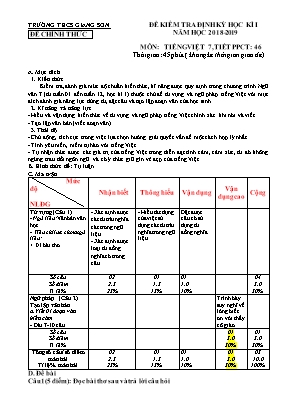 Đề kiểm tra định kỳ học kỳ I môn Ngữ văn Lớp 7 - Năm học 2018-2019 - Trường THCS Giang Sơn (Có đáp án)